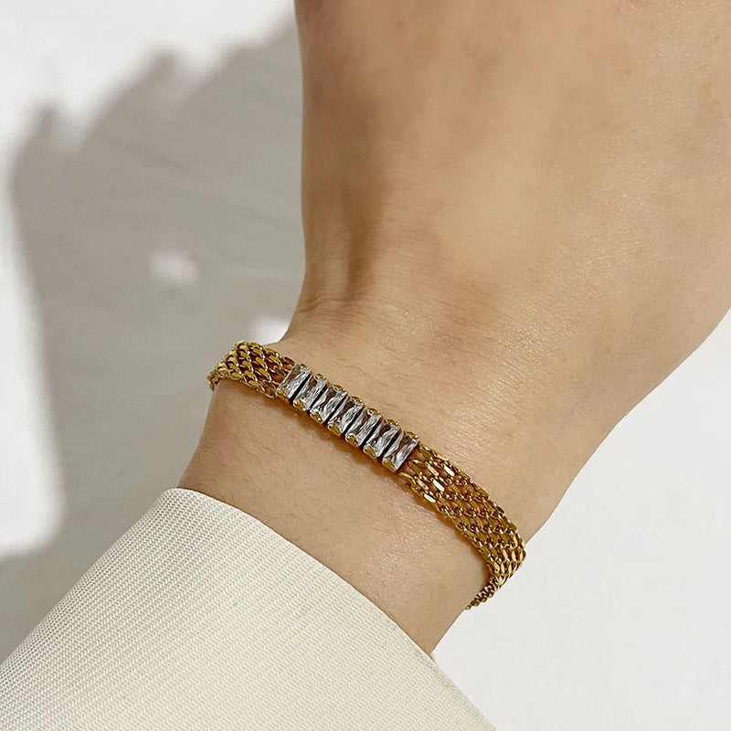 18K Plated Mesh Wide Bracelet with Cz Zircon Arm Jewelry