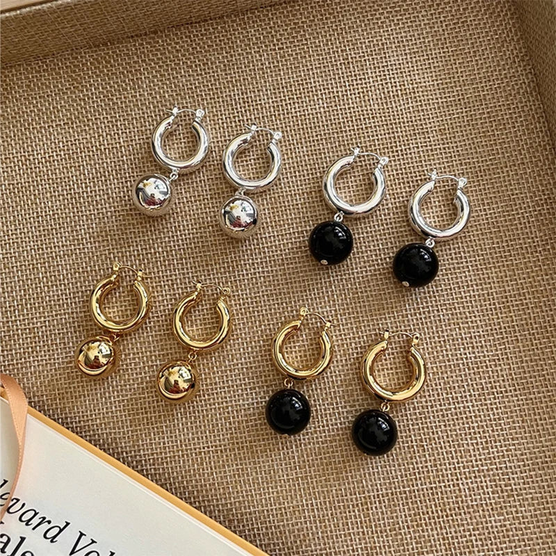 Minimalist Ball Pendant Earrings with Silver Contrast