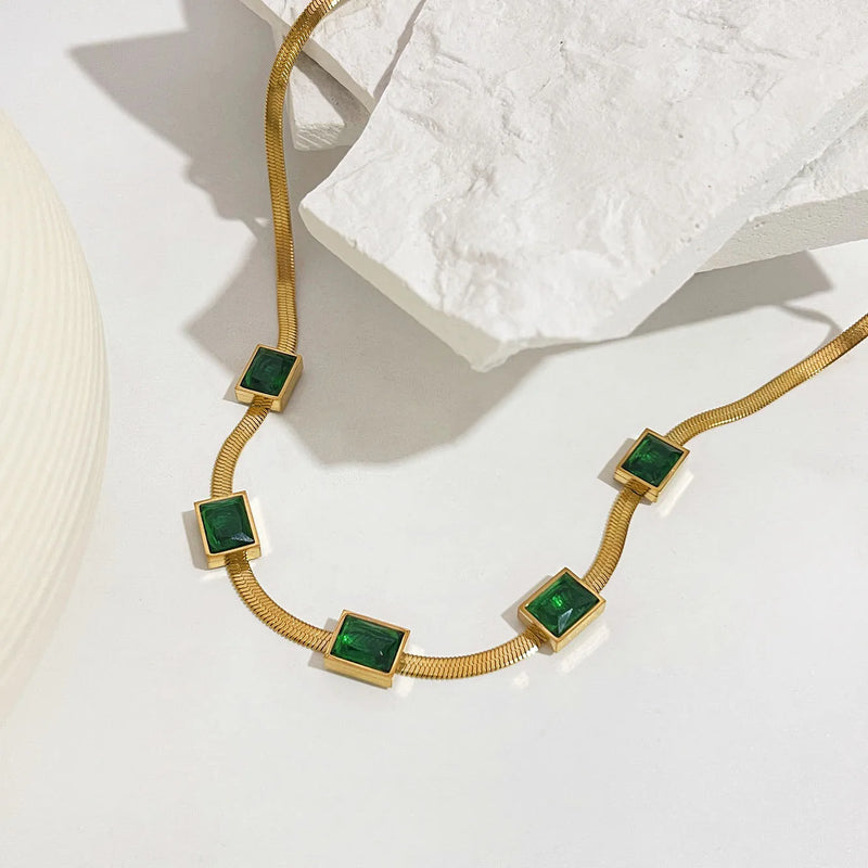 Green Baguette CZ Charm Chain Choker Necklace
