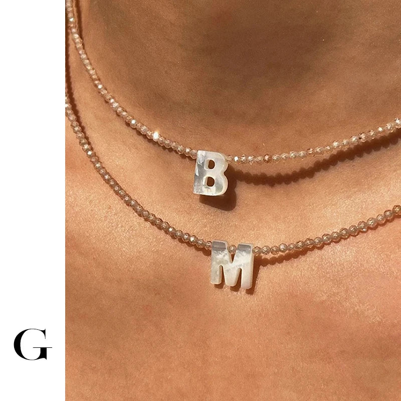 Italian Natural Stone & Shell Letter Necklace A-Z Initial Beads Necklaces