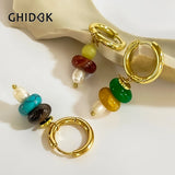 Natural Stone Beaded Freshwater Pearl Hoop Huggie Earrings Minimalist Style