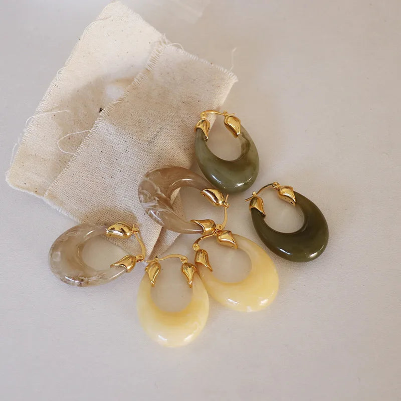 Vintage Chunky Green Resin Hoop Earrings Statement Jewelry
