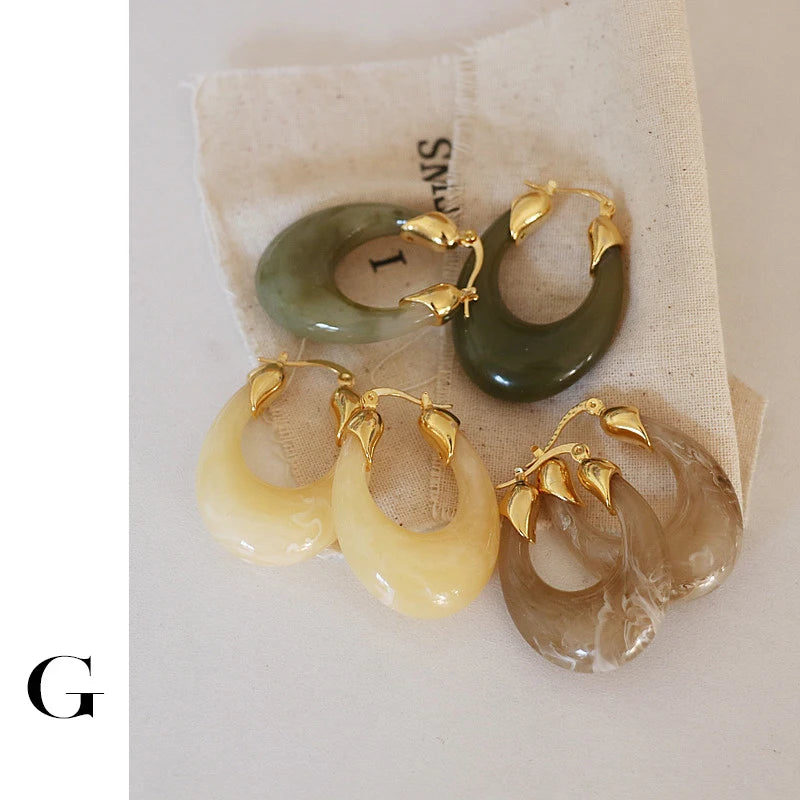 Vintage Chunky Green Resin Hoop Earrings Statement Jewelry