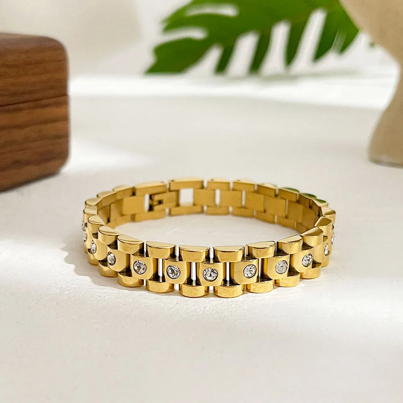 Waterproof Stainless Steel Rhinestone Chain Bangle Bracelet