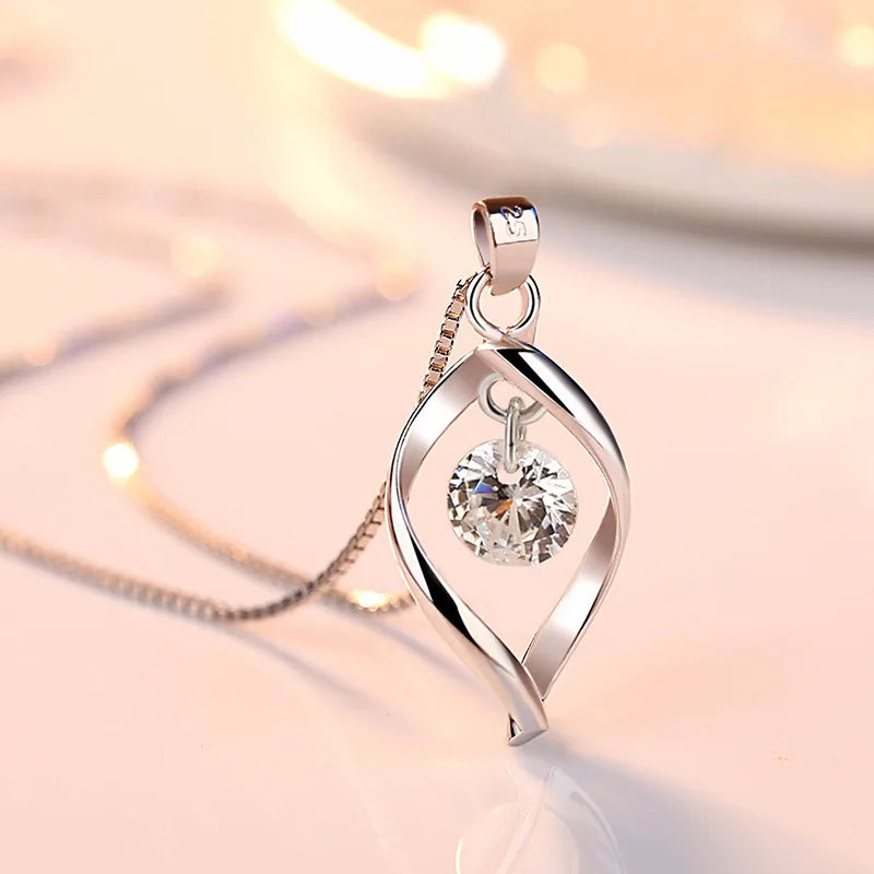 925 Silver Crystal Pendant Necklace Short Box Chain Jewelry