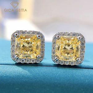 GICA 925 Silver 7*7mm Pink Yellow Diamond Stud Earrings Women Wedding Jewelry