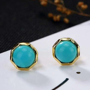 925 Silver Plated 24K Turquoise Stud Earrings Fine Jewelry