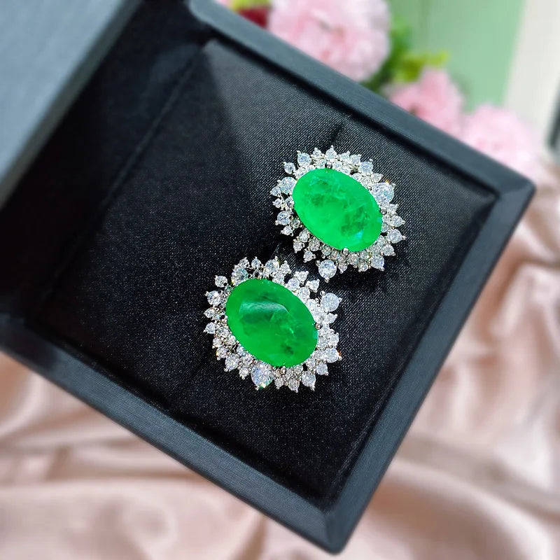 Green Tourmaline Earrings 925 Sterling Silver Oval Vintage Ear Stud