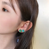 925 Silver Square Earrings Vintage Emerald Paraiba Tourmaline Ear Stud