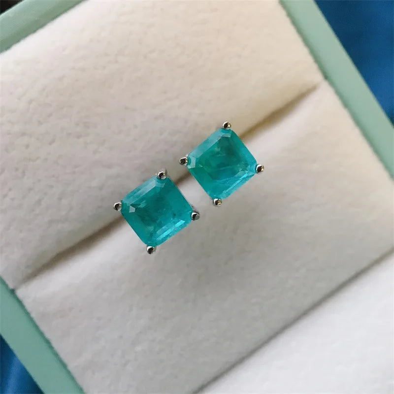 925 Silver Square Earrings Vintage Emerald Paraiba Tourmaline Ear Stud