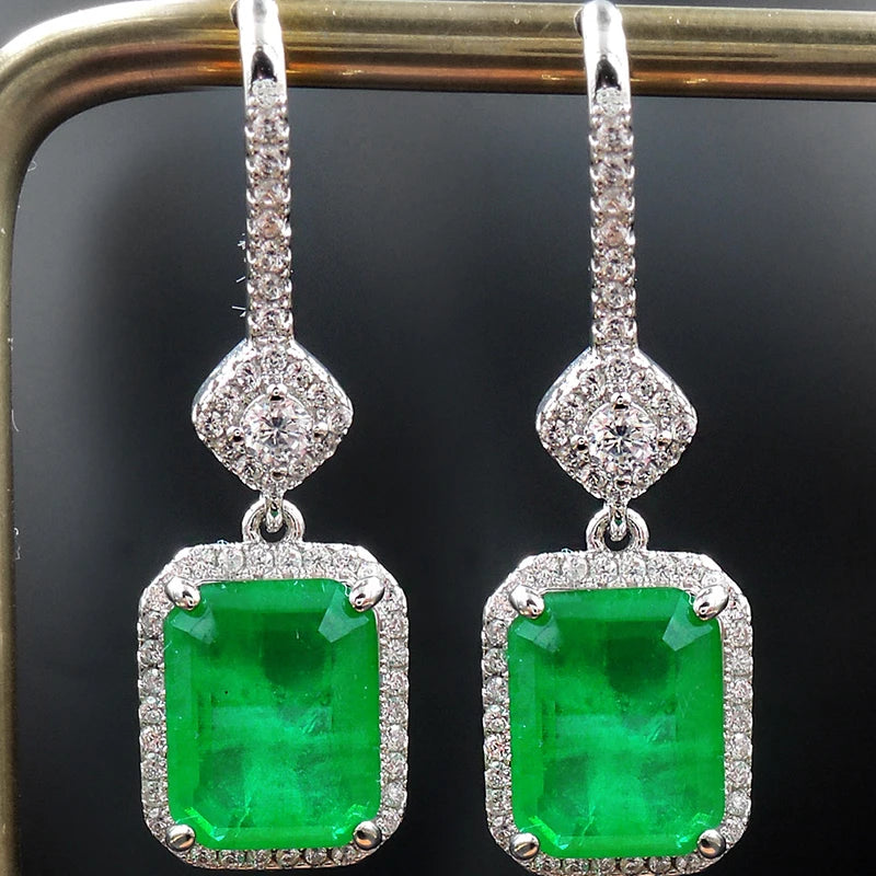 Vintage 925 Silver Emerald 30mm Ear Drop Earrings
