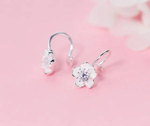 925 Sterling Silver CZ Cherry Flower Clip Earrings