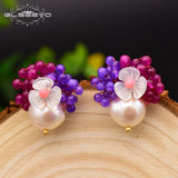Freshwater Pearl Shell Flower Stud Earring 925 Sterling Silver Red Stone Jewelry