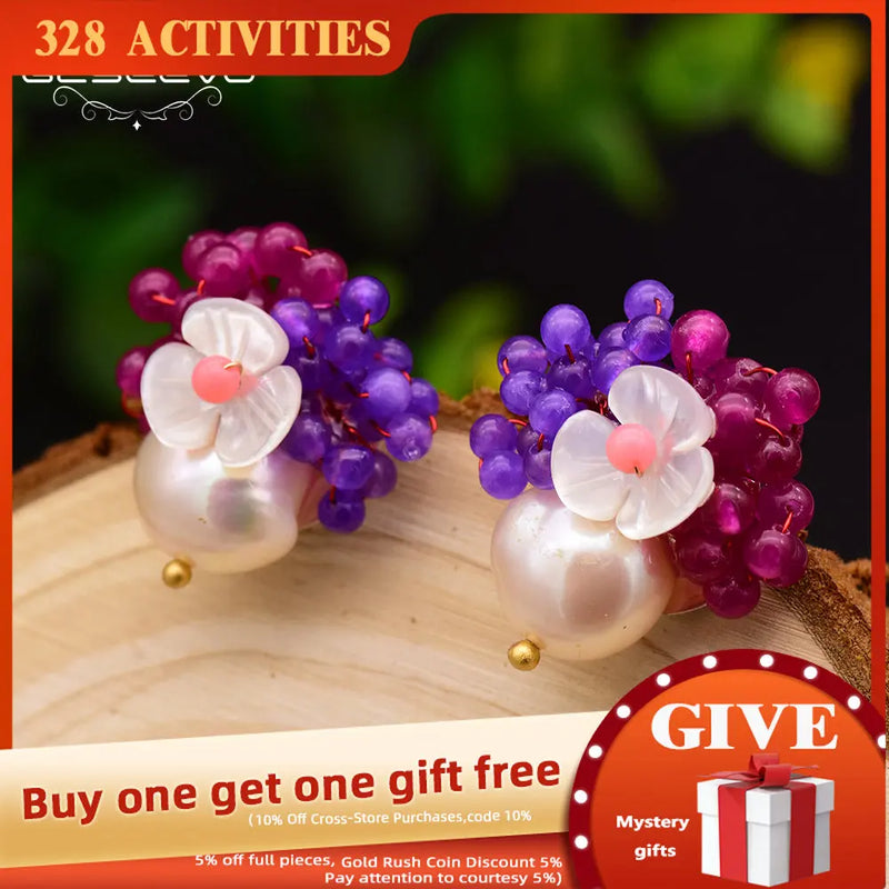 Freshwater Pearl Shell Flower Stud Earring 925 Sterling Silver Red Stone Jewelry