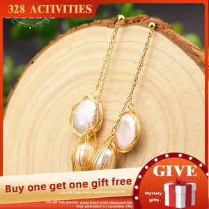 100% Natural Fresh Water Pearl Long Drop Earrings For Women - Fine Jewelry