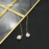 925 Silver Long Chain Water Drop Pearl Ear Lines Tassel Women Earrings