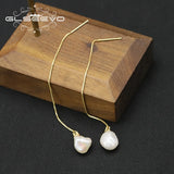 925 Silver Long Chain Water Drop Pearl Ear Lines Tassel Women Earrings