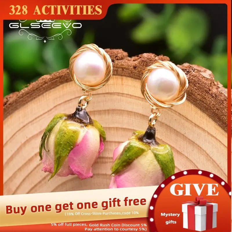925 Silver Baroque Pearls Flower Drop Earrings for Women Girls