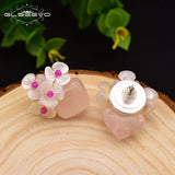 925 Silver Pink Crystal Stud Earring For Women - Shell Flower Jewelry
