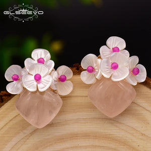 925 Silver Pink Crystal Stud Earring For Women - Shell Flower Jewelry