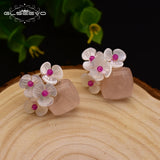 925 Silver Pink Crystal Stud Earring For Women - Shell Flower Jewelry
