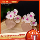 925 Silver Pink Crystal Stud Earring For Women - Shell Flower Jewelry