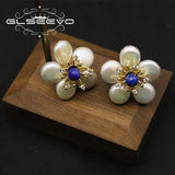 925 Silver Lapis Lazuli Pearl Stud Earrings Women Jewelry GE0598