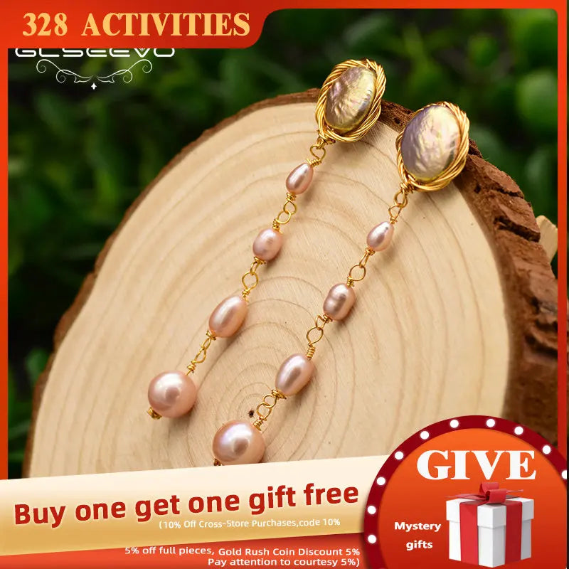 925 Silver Pink Baroque Pearl Tassel Earrings