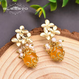 925 Silver Pearl Yellow Jade Earrings Vintage Wedding Jewelry GE0931B