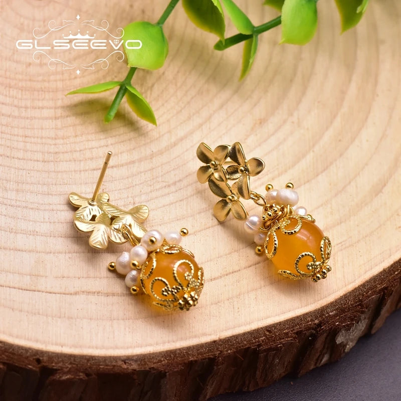925 Silver Pearl Yellow Jade Earrings Vintage Wedding Jewelry GE0931B