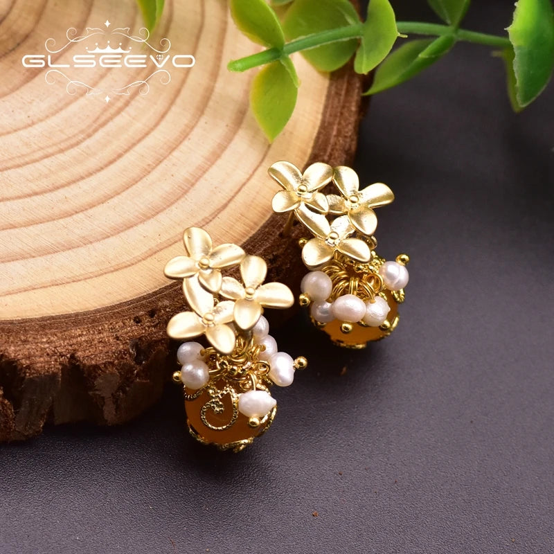 925 Silver Pearl Yellow Jade Earrings Vintage Wedding Jewelry GE0931B