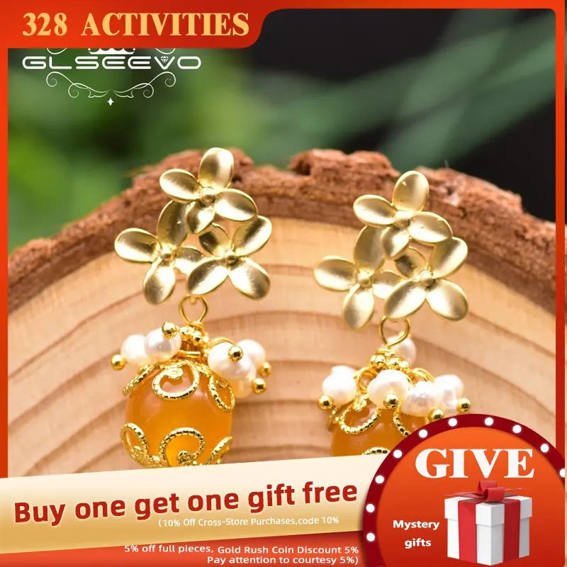 925 Silver Pearl Yellow Jade Earrings Vintage Wedding Jewelry GE0931B