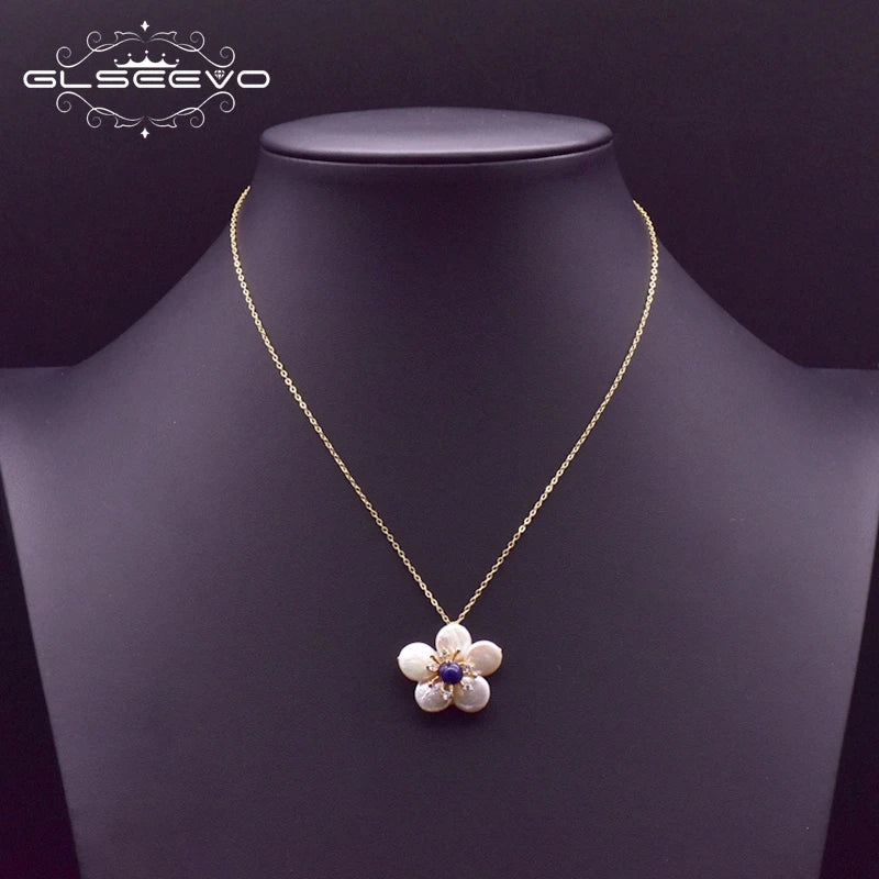 925 Silver Pearl Flower Pendant Necklace Wedding Gift GN0127