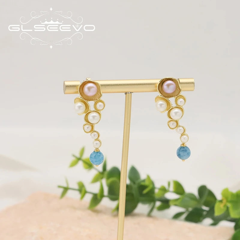 Aquamarine Natural Freshwater Pearls Grape Earrings Woman
