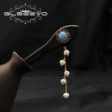 Aquamarine Natural Pearls Long Chain Pendant Hairpin Retro Jewelry