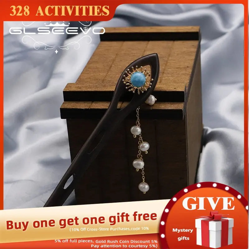 Aquamarine Natural Pearls Long Chain Pendant Hairpin Retro Jewelry