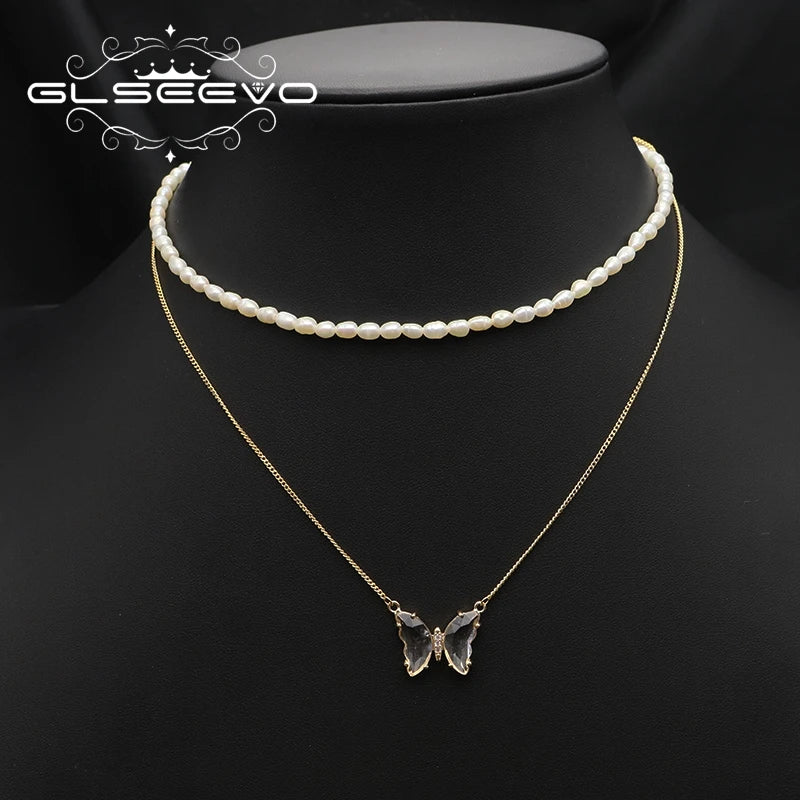 Charm Insect Dark Butterfly Double Pearl Pendant Necklace