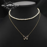 Charm Insect Dark Butterfly Double Pearl Pendant Necklace