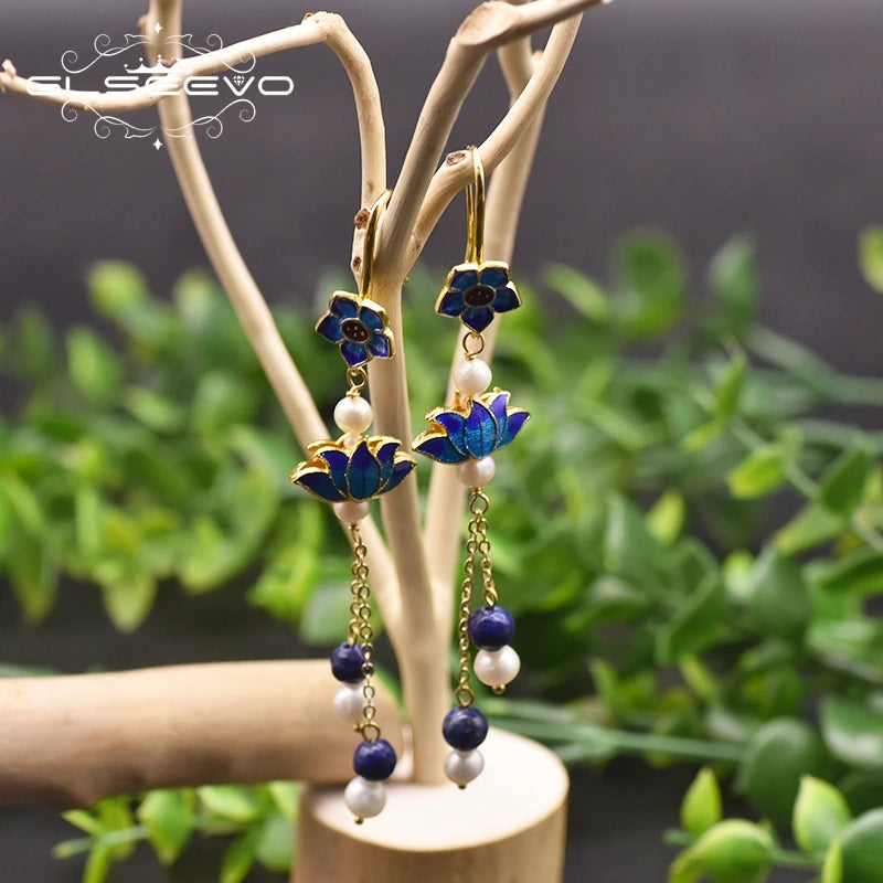 Vintage Cloisonne Flower Earrings Lapis Drop Jewelry GE0975