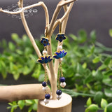 Vintage Cloisonne Flower Earrings Lapis Drop Jewelry GE0975