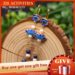 Vintage Cloisonne Flower Earrings Lapis Drop Jewelry GE0975