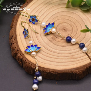 Vintage Cloisonne Flower Earrings Lapis Drop Jewelry GE0975