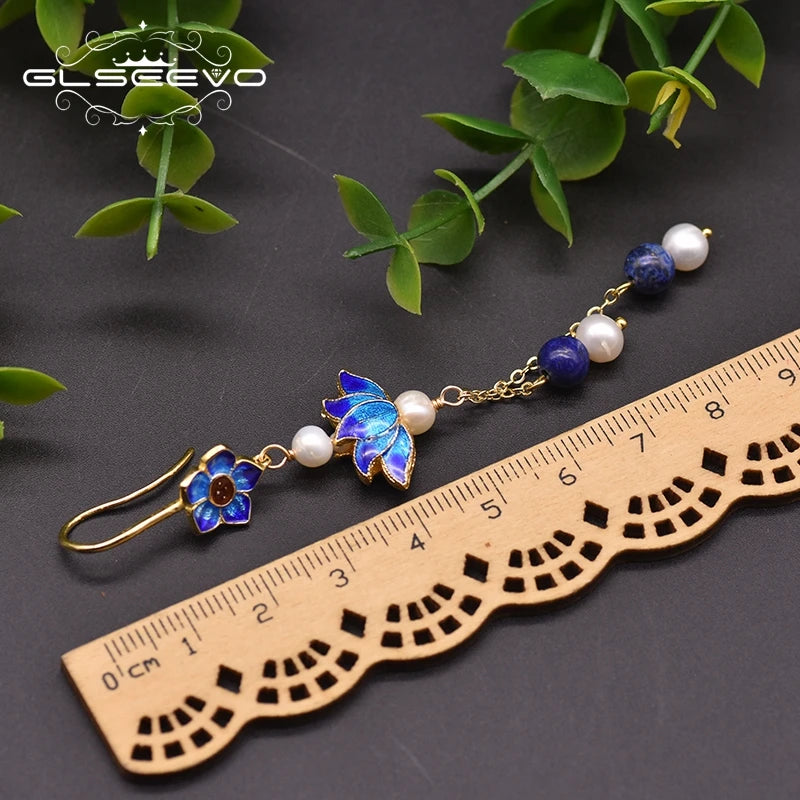 Vintage Cloisonne Flower Earrings Lapis Drop Jewelry GE0975