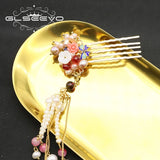 Cloisonne Natural Pearls Flower Chain Hairpins Thai Style Retro Jewelry