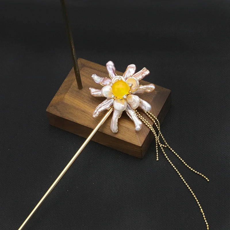 Cloisonne Natural Pearls Flower Chain Hairpins Thai Style Retro Jewelry