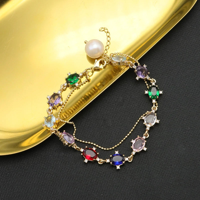 Colorful Crystals Freshwater Pearls Chain Bracelet Romantic Jewelry