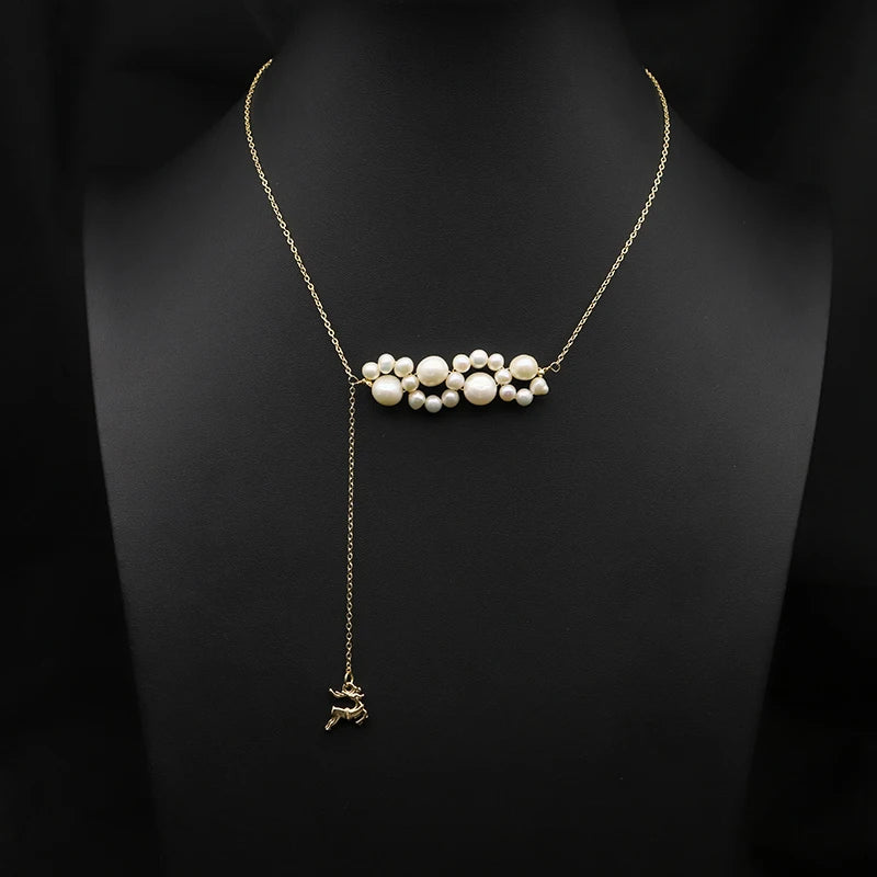 Flat Elk Natural Pearls Long Chain Pendant Necklace Charm Jewelry