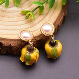 GLSEEVO Yellow Real Flower Pearl Earrings 925 Silver Brinco