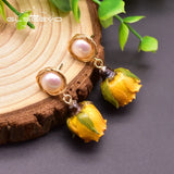 GLSEEVO Yellow Real Flower Pearl Earrings 925 Silver Brinco