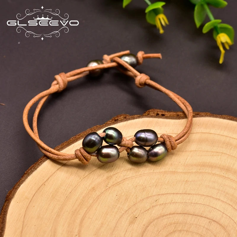 Fresh Water Pearl Cowhide Rope Leather Bracelet For Women Couple